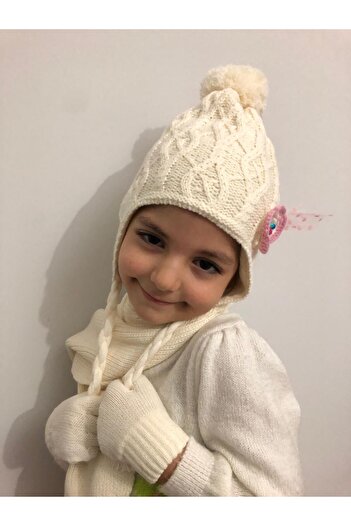 sema aksesuar Beaded Tulle Pompom Beanie Set for Girl 3-8 Years Old - 3-Piece Winter Gift Set