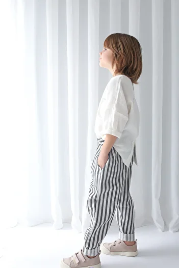 Catz Kids Black and White Striped Linen Carrot Pants + White Muslin Pocket Detail Shirt