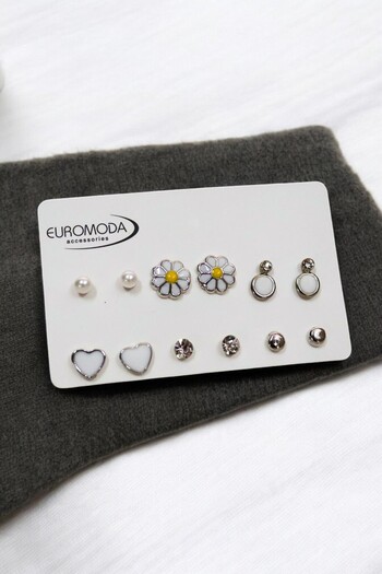 EUROMODA Set of 6 Earrings with Daisy Heart and Circle Design Pearl Solitaire and Ball Earrings