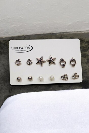 EUROMODA Set of 6 Earrings with Star and Anchor Design Pearl Solitaire and Ball Earrings