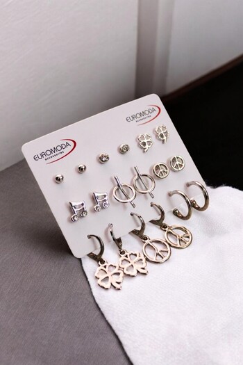 EUROMODA Peace Symbol Clover Music Melody Design Set of 9 Earrings with Pearl Solitaire Hoop and Ball Earrings