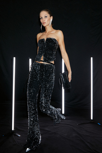 GRIMELANGE Rias Women's Flare Leg Long Silver Sequined Black Pants