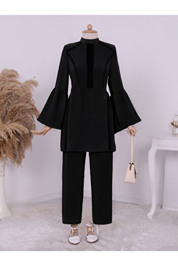 Modamorfo Front Scalloped Spanish Sleeve Ayrobin Set - Black