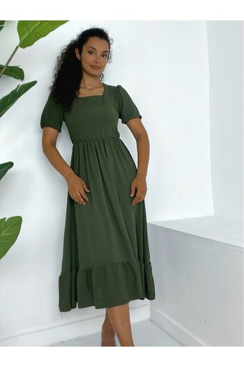 Modamorfo Square Neck Elastic Waist Short Sleeve Ayrobin Dress -Khaki