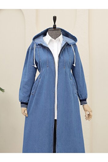 Modamorfo Hooded Denim Cap with Pleated Front and Elastic Side - Dark Blue