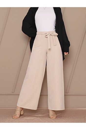 Modamorfo Beige Double Wide Leg and Tie Waist Trousers
