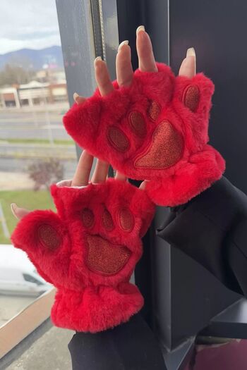 MARS BABY Silvery Red Plush Gloves with Fingerless Paws