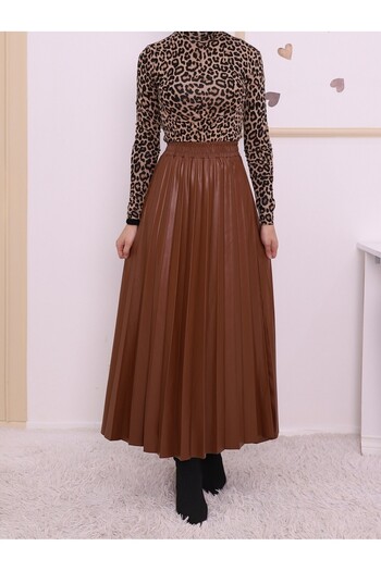 Modamorfo Pleated Leather Skirt with Elastic Waist -Tan
