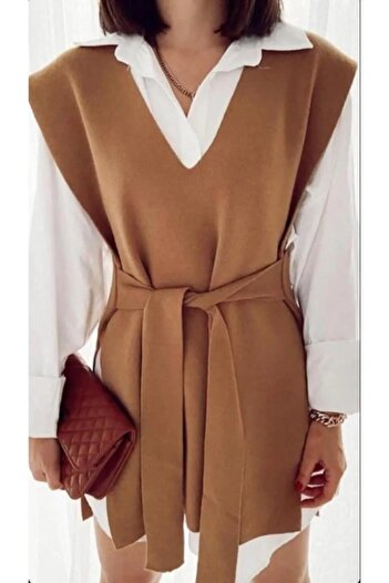 favoristore Women's Camel V-Neck Belted Sweater