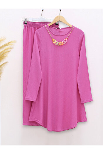 Modamorfo Loose Crinkle Set with Round Neck Necklace - Fuchsia