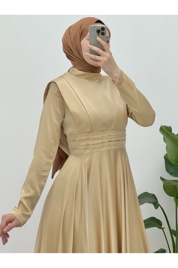 Modamorfo Satin Evening Dress - Double Layer and Waist Pleat Detail