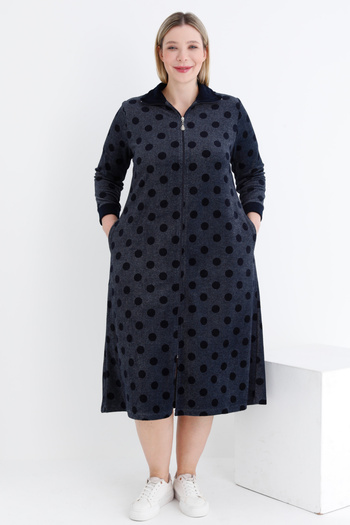 İntensive Women's Polka Dot Zipper Pocket Cotton Velvet Plus Size Dress
