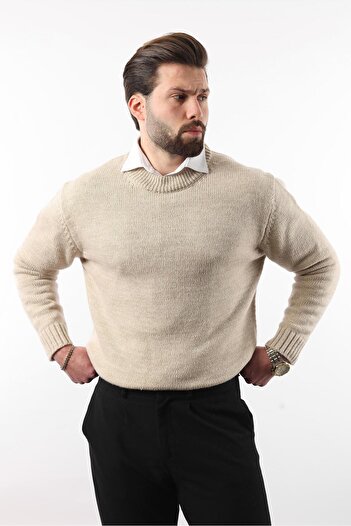 Madmext Beige Crew Neck Overfit Men's Knitwear Sweater E7402