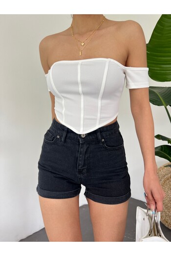 Modamorfo Shoulder Detailed Corset Crop with Back Zipper