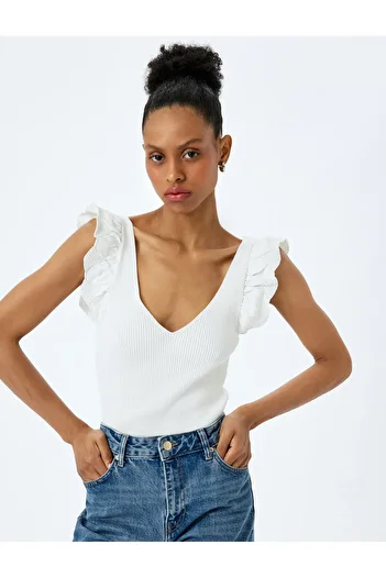 Koton V-Neck Sleeveless Flounced Ruffled Knitwear T-Shirt