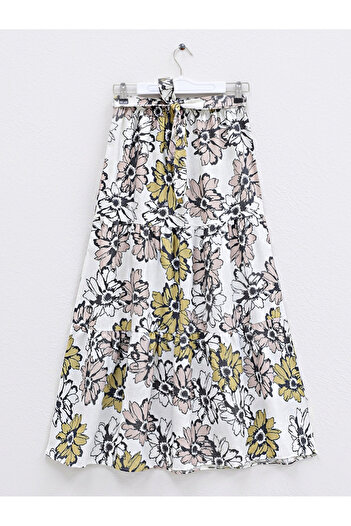 Modamorfo Patterned Belted Linen Skirt with Elastic Waist - Powder