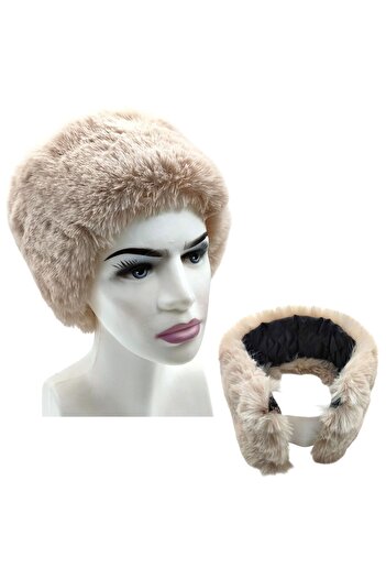 AXE SPORTSWEAR Winter Beige Faux Fur Detailed Soft Textured Plush Hip Bandana Neck Collar with Elastic Back