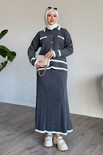 InStyle Anthracite Knitwear Set with Skirt and Stripe Cardigan