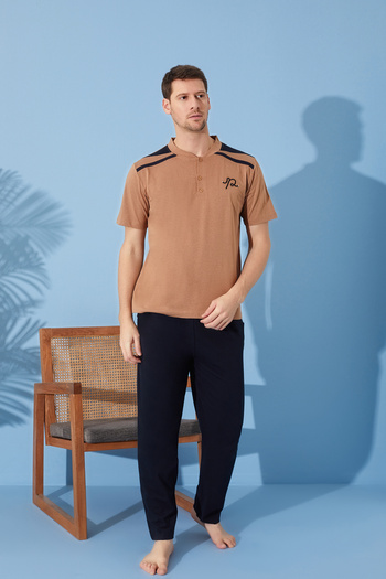 Prestij İç Giyim Cotton Regular Fit Crew Neck Short Sleeve Men's Pajamas Set