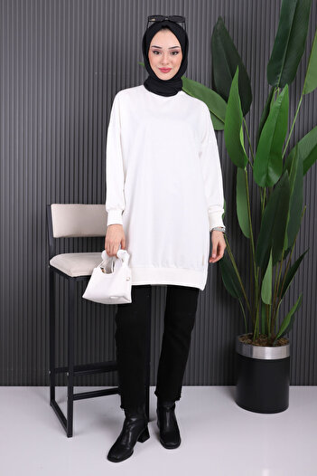 İmajButik Ecru Crew Neck Side Slit Sweat