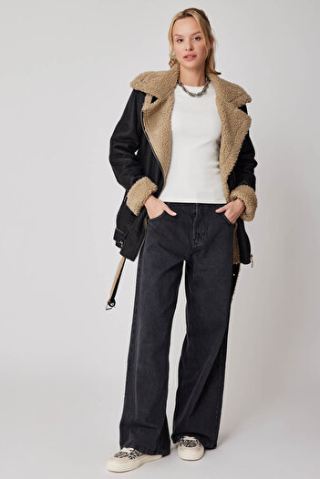 Vitrin Faux Leather Long Biker Jacket with Fur Detail