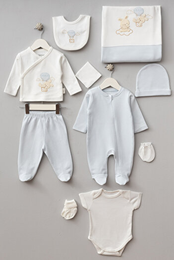 Bebitof Balloon Rabbit Patterned 10-Piece Boxed Newborn Hospital Discharge Bodysuit Set