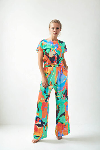 Vitrin Patterned Wide Leg - Elastic Waist Trousers
