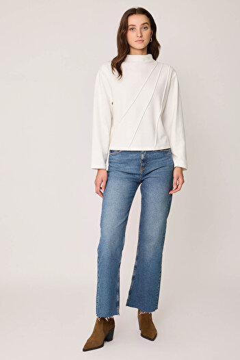 Vitrin Stand Collar Front Stitched Back Zipper Blouse