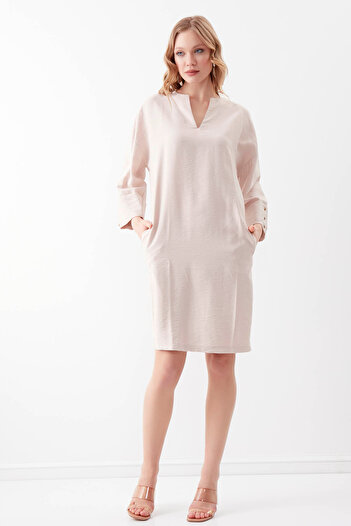 Vitrin V-Neck Sleeve Button Detailed Pocket Dress