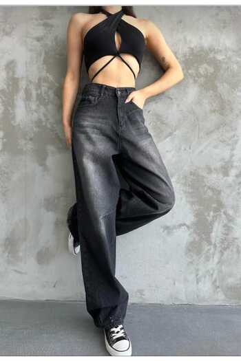 DRC trend Lola Blue Baggy Tinted Buckle Detailed Loose Fit Wide Leg Comfortable Baggy Jean Jeans Loose Women's Trousers