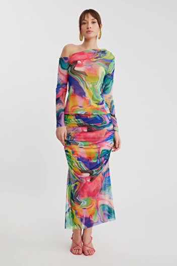 Vitrin Asymmetric Collar Tulle Blouse