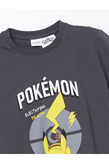 LC Waikiki Gri Bisiklet Yaka Pikachu Baskılı Kısa Kollu Erkek Çocuk Şortlu Pijama Takımı