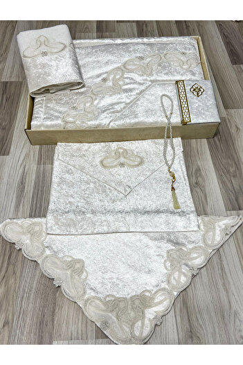 AYHANHOME 6 Piece Velvet French Laced Dowry Package Boxed Prayer Rug Set Bride Groom Set