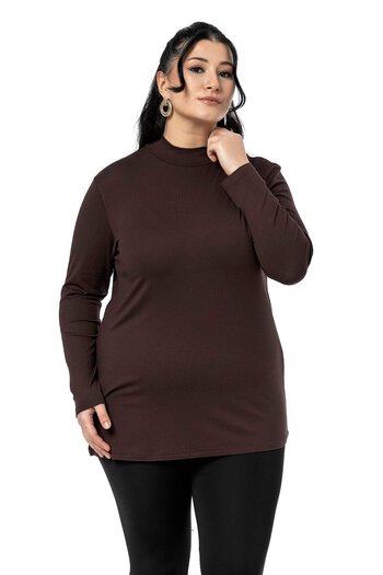 DISENTIS MODEST Plus Size Half Fisherman Long Sleeve Viscose Brown Bodysuit