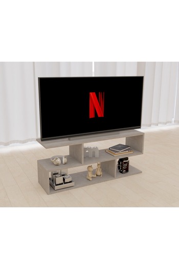 Mahmayi Modern TV Stand and Coffee Table with 2 Tier Storage Shelf, Monitor Stand for Home-LIGHT CONCRETE