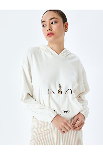 Koton Unicorn Processing Detailed Pocket Long Sleeve Hooded Fleece Pajamas Top