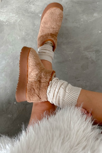 Shoebutik Γυναικείες μπότες Browny Tan βελούδινη χειμερινή σόλα