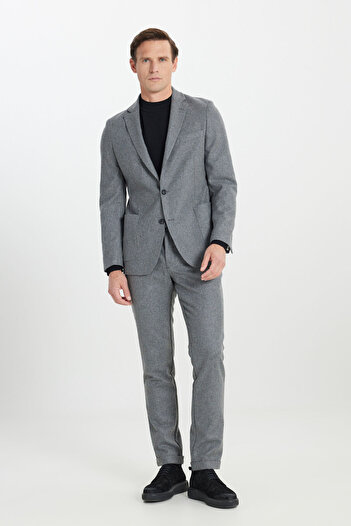 ALTINYILDIZ CLASSICS Men's Gray Wool Slim Fit Slim Fit Mono Collar Waist Tie Bag Pocket Suit