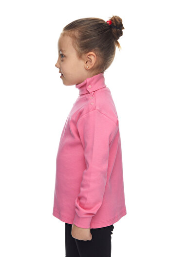 LOVETTI Şeker Pembe Basic Kız Çocuk Çıtçıtlı Tam Balıkçı Yaka Şardonlu Kışlık Uzun Kollu Tişört