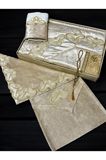 AYHANHOME 6 Piece Velvet French Laced Dowry Package Boxed Prayer Rug Set Bride Groom Set