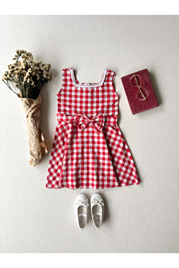 KÜÇÜĞÜM BUTİK Red Gingham Strap Square Collar Girl's Dress