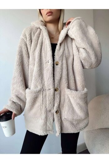 MODA55 Women's Long Sleeve Pocket And Button Detail Wellsof Fabric Coat