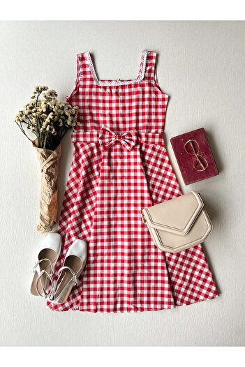KÜÇÜĞÜM BUTİK Red Gingham Strap Square Collar Women's Dress