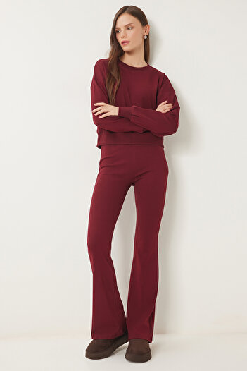 Lovelyİstanbul Crew Neck Top and Bottom Set Bordo Lxr0008