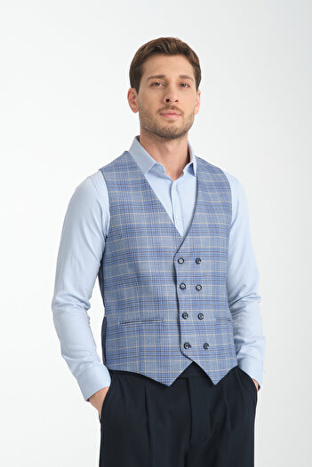 Frappoli Ekose Desenli V Yaka Kruvaze Yelek Slim Fit