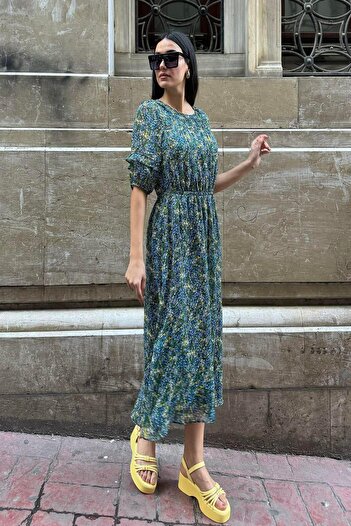 FOR YOU MODA Chiffon Lined Waist Gathered Patterned Long Green Dress
