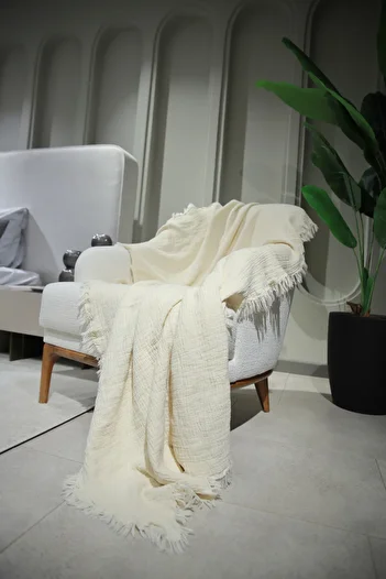 OTEKS HOME COLLECTİON Ecru Muslin Sofa Shawl / Tv Blanket (100 X 200 cm)