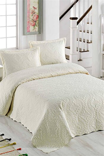 Örtüm Ivy Single Plain Color Bedspread Set - Ecru