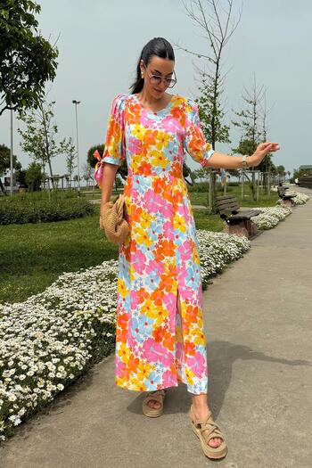 FOR YOU MODA Natural Viscose Patterned Slit Long Orange Dress