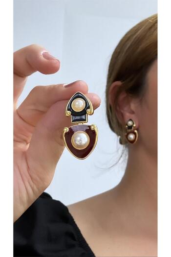 Pelin Aksesuar Black Burgundy Pearl Vintage Earrings